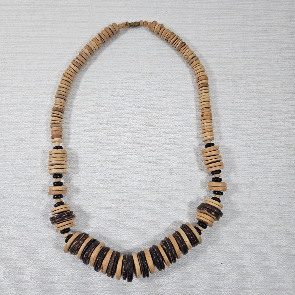 Vintage Natural Wood Disc Bead Graduated Necklace Brown Tan Boho  beachy hippie